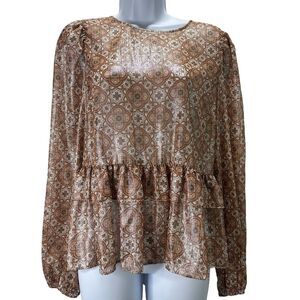 RyeGrass Gold Metallic Peplum Ruffle Sheer Top Size Medium